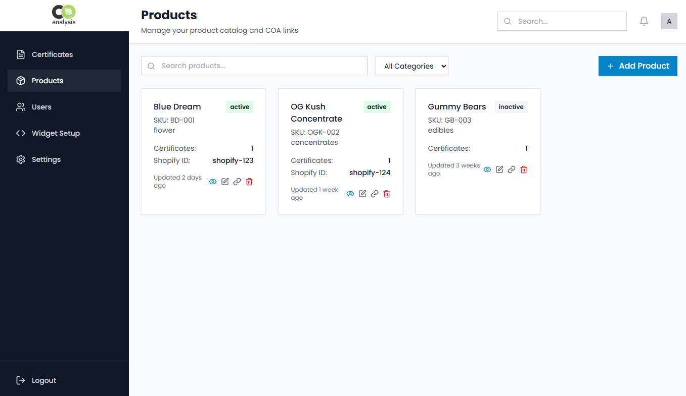 Product catalog integration linking Certificates of Analysis to ecommerce products on Shopify and WooCommerce