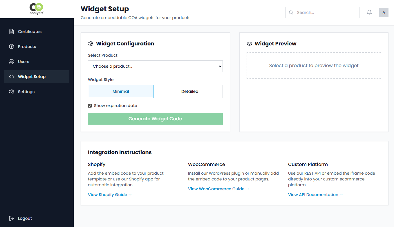 Certificate of Analysis display widget setup with customizable themes for embedding COAs on product pages